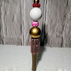 2 Beaded Pens - Gold and Pink Beaded Pen And Gray Football Themed Pen